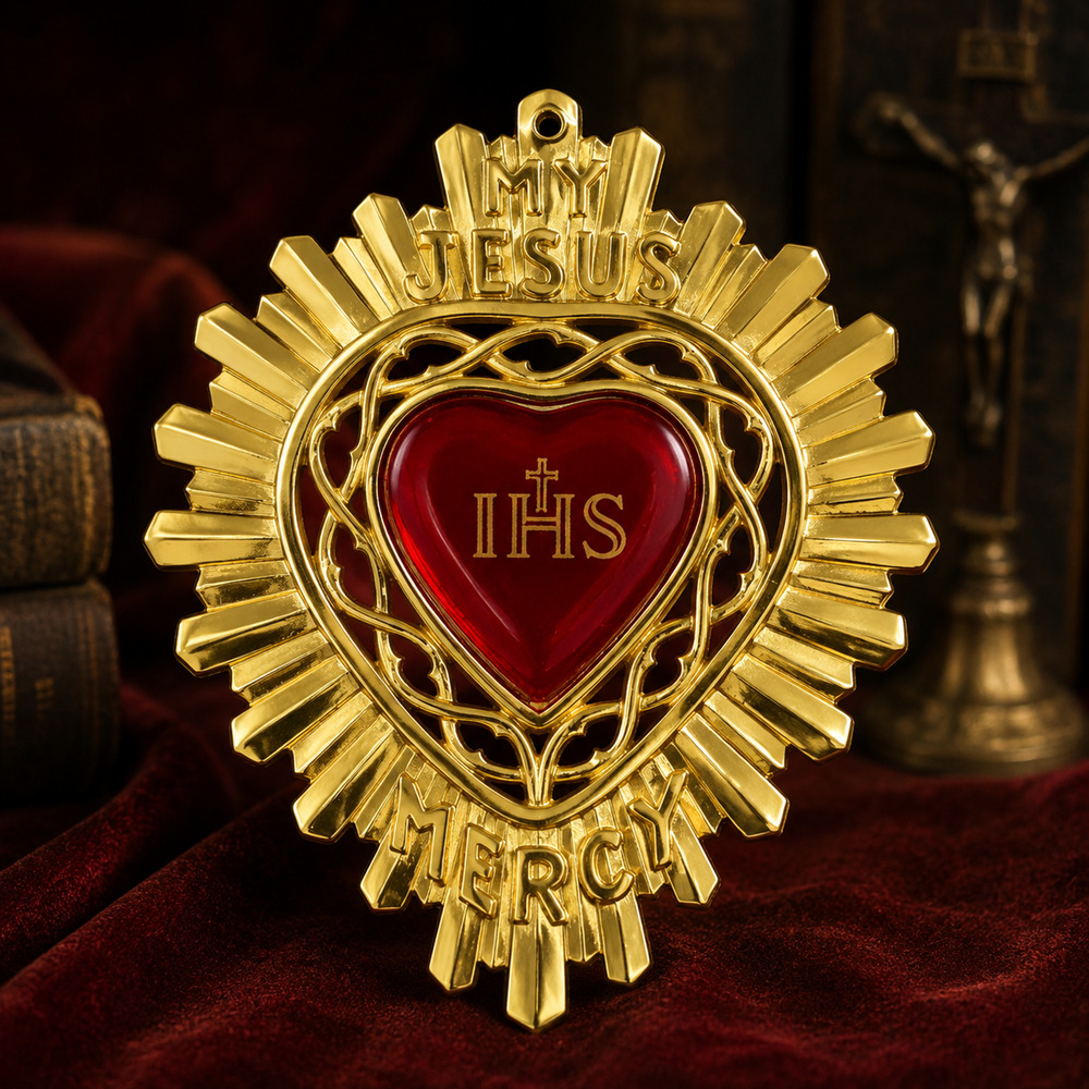 Vintage My Jesus Mercy IHS Sacred Heart Catholic Plaque Ex Voto Original Box 6.5